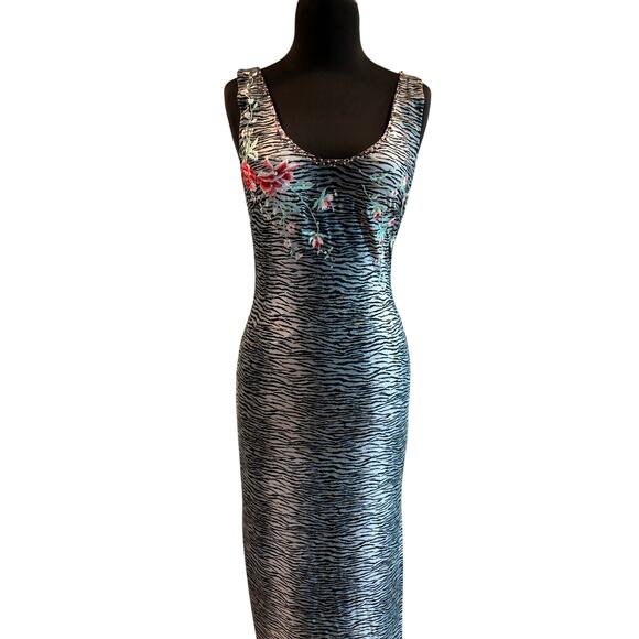 CACHE Dress Body Hug Lined Beaded Embroidery 13.5" Split Scoop Front Back $198 - Picture 3 of 9